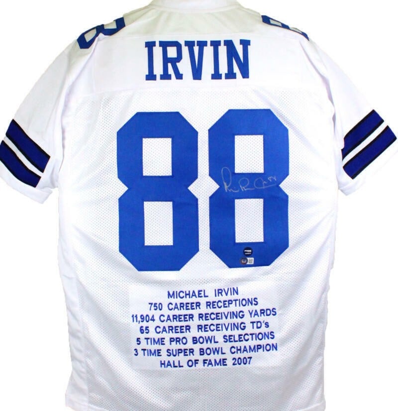 Dallas Cowboys Michael Irvin Signed White Stat Jersey Beckett Hologram: Dallas Cowboys Michael Irvin Signed White Stat Jersey Beckett Hologram Autographed white pro style stat jersey featuring Michael Irvin of the Dallas Cowboys. The jersey is listed as an original item a