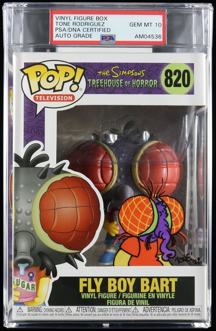 PSA DNA Encapsulated Funko Pop 820 signed by Tone Rodriguez: PSA DNA Encapsulated Funko Pop 820 signed by Tone Rodriguez This is a pre-owned Funko Pop #820 featuring The Simpsons Fly Boy B, signed by Tone Rodriguez. The autograph has been authenticated and enca