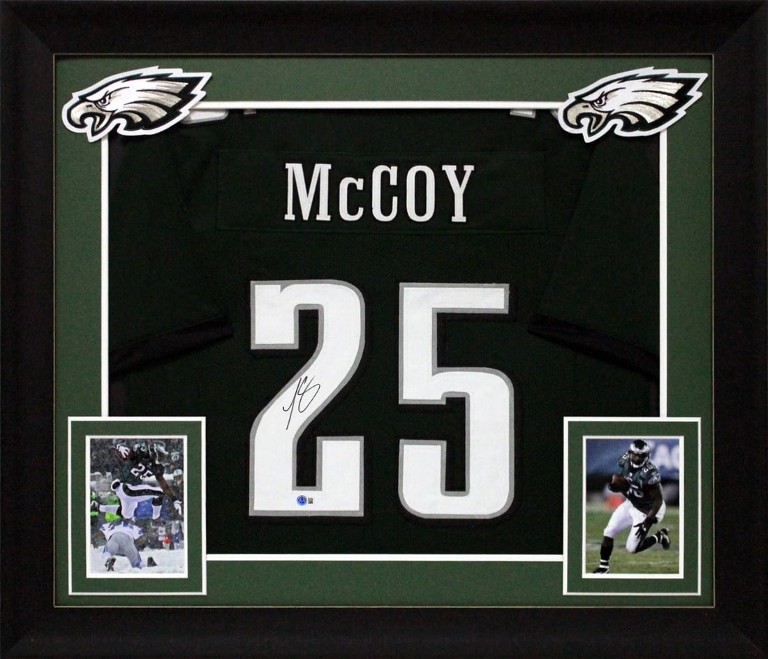 Framed Philadelphia Eagles Jersey Signed by LeSean McCoy with Beckett Authentication: Framed Philadelphia Eagles Jersey Signed by LeSean McCoy with Beckett Authentication This professionally framed green pro style jersey features the authentic hand signature of LeSean McCoy from the Ph