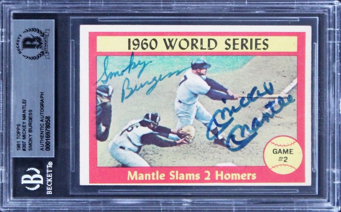 Mickey Mantle Smokey Burgess Signed 1961 Topps #307 Card Beckett Authenticated: Mickey Mantle Smokey Burgess Signed 1961 Topps #307 Card Beckett Authenticated This authentic 1961 Topps #307 card features the signatures of baseball legends Mickey Mantle and Smokey Burgess. The car