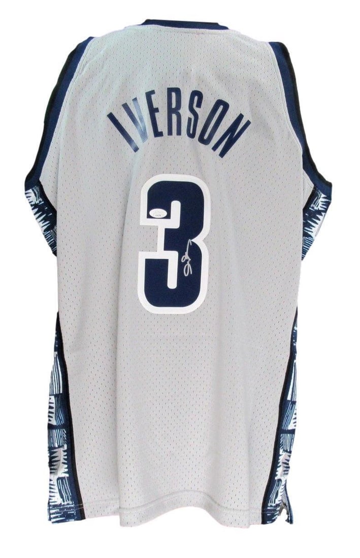 Allen Iverson HOF Autographed Gray Georgetown Jersey Mitchell & Ness JSA: Allen Iverson HOF Autographed Gray Georgetown Jersey Mitchell & Ness JSA Offered is an Allen Iverson Hall of Fame autographed gray Mitchell & Ness College Vault Swingman 1995-96 replica basketball jer