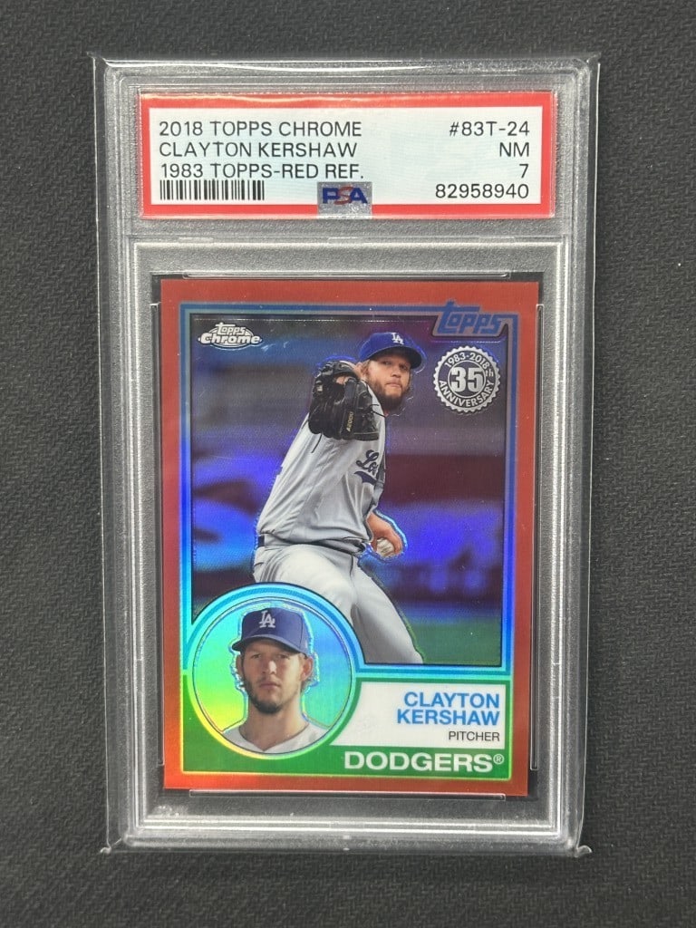Clayton Kershaw 2018 Topps Chrome 1983 Red Refractor PSA 7 Dodgers #83T-24: Clayton Kershaw 2018 Topps Chrome 1983 Red Refractor PSA 7 Dodgers #83T-24 This 2018 Topps Chrome 1983 Red Refractor baseball card features Clayton Kershaw, a standout player for the Los Angeles Dodge