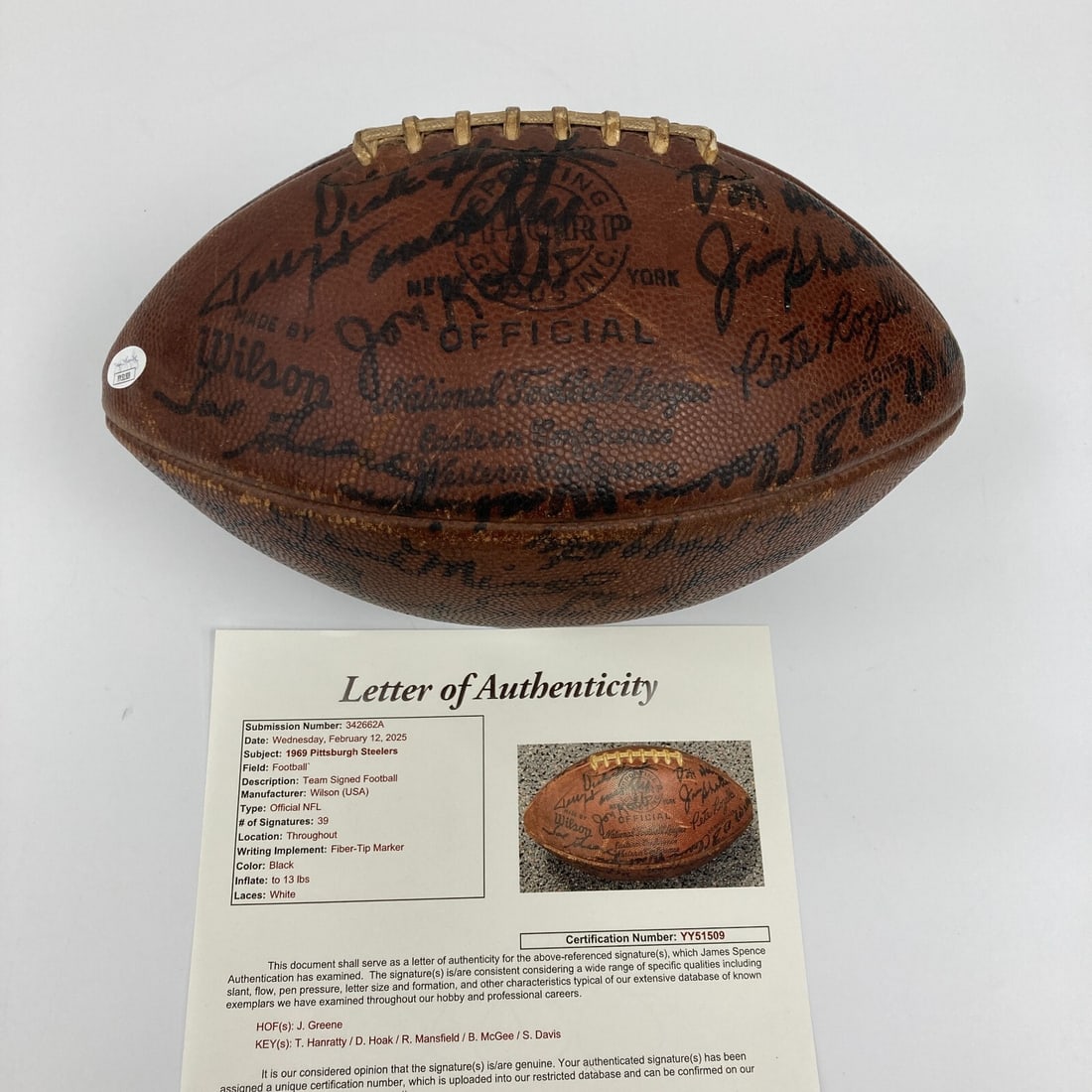 1969 Pittsburgh Steelers Team Signed NFL Football JSA COA Joe Greene: 1969 Pittsburgh Steelers Team Signed NFL Football JSA COA Joe Greene Celebrate the legacy of the 1969 Pittsburgh Steelers with this official Wilson NFL game football, beautifully signed by 35 members 