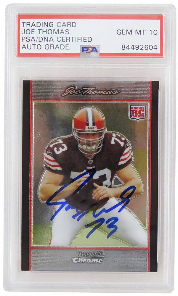 Joe Thomas Autographed 2007 Bowman Chrome Rookie Card PSA Mint 10: Joe Thomas Autographed 2007 Bowman Chrome Rookie Card PSA Mint 10 This is a Joe Thomas autographed 2007 Bowman Chrome rookie football trading card, numbered #BC94. The card features the legendary offe