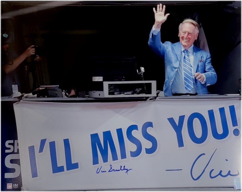 Vin Scully Autographed 16X20 Photo LA Dodgers JSA Certified: Vin Scully Autographed 16X20 Photo LA Dodgers JSA Certified This remarkable 16x20 photo of Vin Scully, the legendary voice of the Los Angeles Dodgers, features his authentic signature, adding immense 