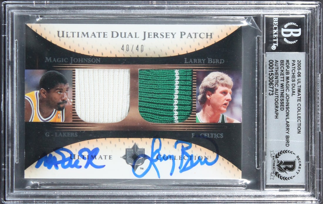 Magic Johnson Larry Bird Signed 2005 Ultimate Patches DPJB 40/40 Card BAS Authenticated: Magic Johnson Larry Bird Signed 2005 Ultimate Patches DPJB 40/40 Card BAS Authenticated This rare 2005 Ultimate Collection Jerseys Dual #DPJB #40/40 card features the iconic signatures of basketball l