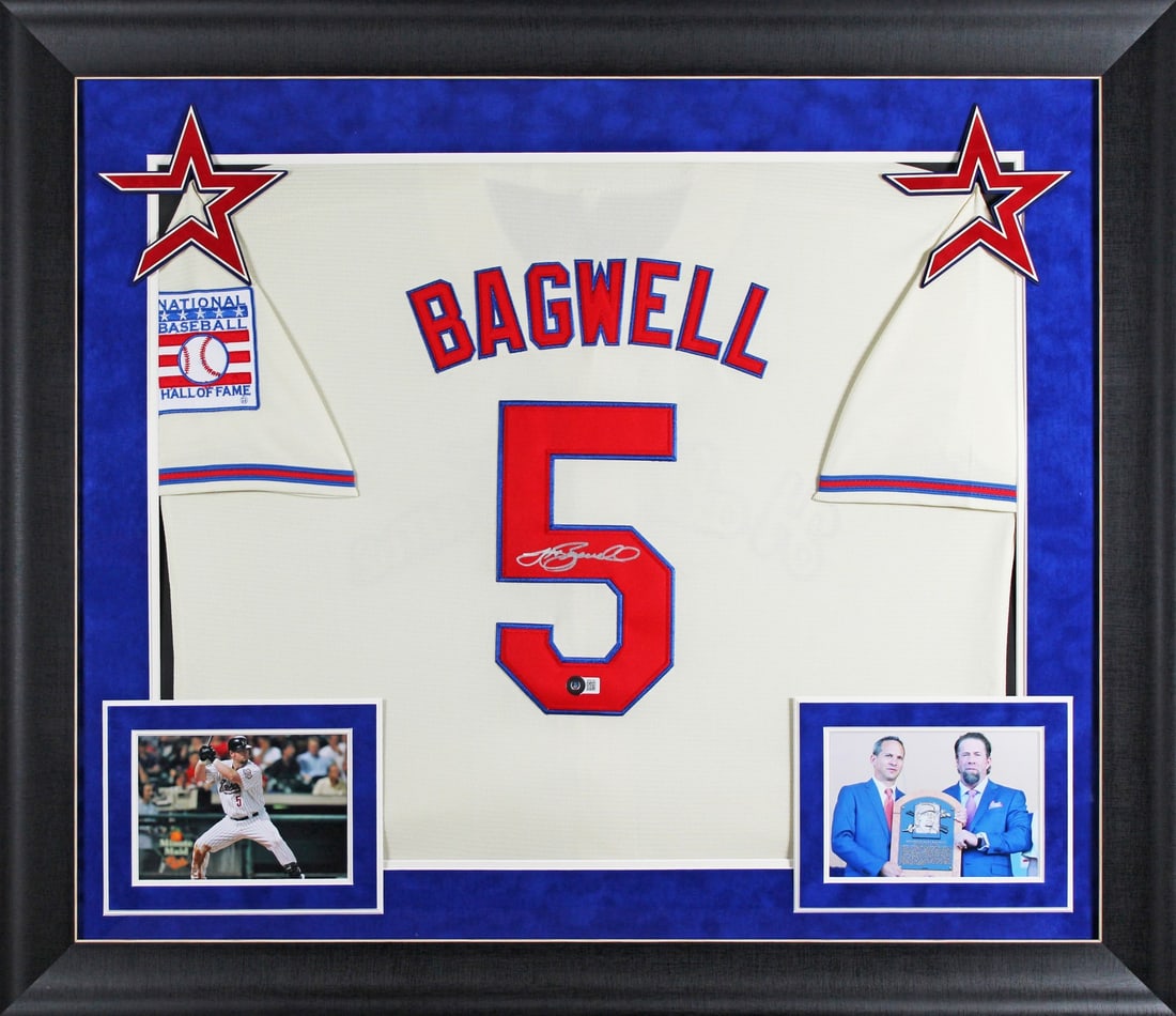 Framed Jeff Bagwell Signed Houston Astros Hall of Fame Jersey Beckett: Framed Jeff Bagwell Signed Houston Astros Hall of Fame Jersey Beckett This is an original autographed cream Hall of Fame framed jersey personally signed by Jeff Bagwell of the Houston Astros. The item