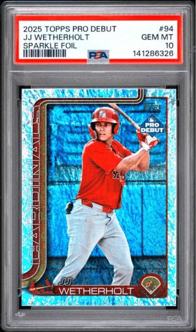 PSA 10 JJ Wetherholt 2025 Topps Pro Debut Sparkle Foil #94 /175 Rookie Card: PSA 10 JJ Wetherholt 2025 Topps Pro Debut Sparkle Foil #94 /175 Rookie Card Graded 2025 Topps Pro Debut JJ Wetherholt #94 Sparkle /175 rookie card, encapsulated by PSA and assigned a Gem Mint 10 grade