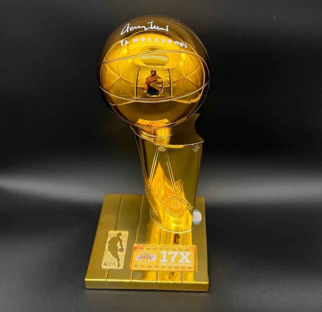 Jerry West Autographed 12 Replica NBA Trophy PSA/DNA Lakers: Jerry West Autographed 12 Replica NBA Trophy PSA/DNA Lakers This is a stunning 12" replica NBA Championship Trophy, autographed and inscribed "72 NBA Champs" by the legendary Jerry West of the Los Ang