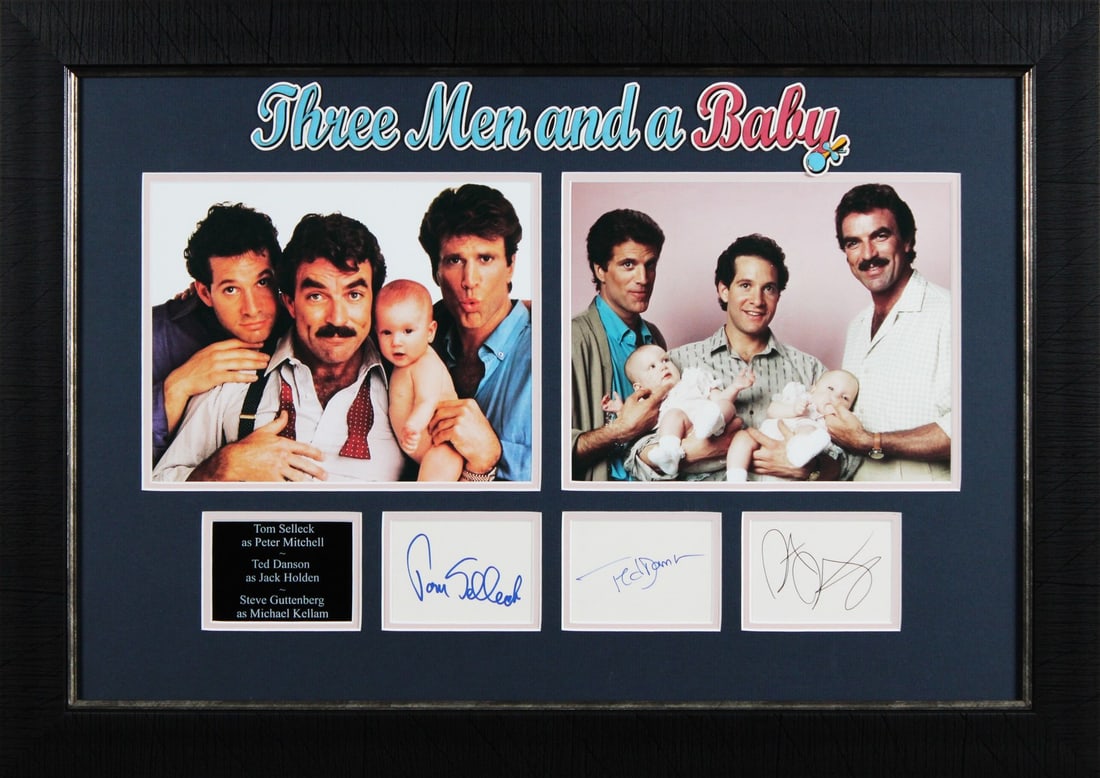 Three Men and a Baby Signed Framed Display by Danson Selleck Guttenberg: Three Men and a Baby Signed Framed Display by Danson Selleck Guttenberg This stunning autographed framed display features photographs signed by Ted Danson, Tom Selleck, and Steve Guttenberg from the b