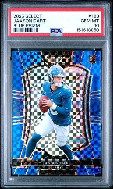 PSA 10 Jaxson Dart Blue Prizm RC Panini Select 193 of 175: PSA 10 Jaxson Dart Blue Prizm RC Panini Select 193 of 175 This is a 2025 Panini Select Blue Prizm rookie card featuring Jaxson Dart of the New York Giants. The card is professionally graded PSA 10 and