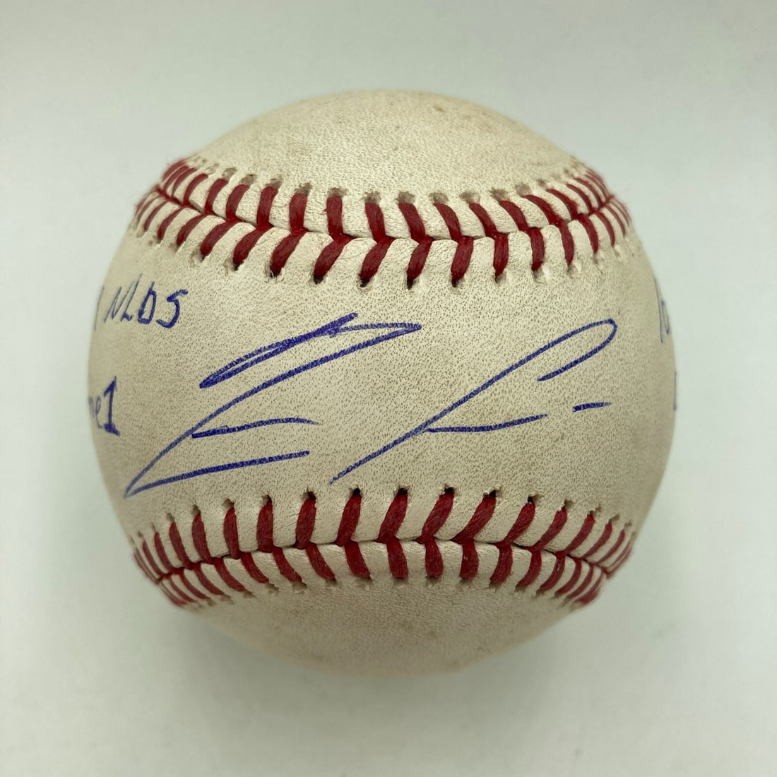 Ronald Acuna Game Used Signed Baseball 2019 NLDS Double JSA MLB COA: Ronald Acuna Game Used Signed Baseball 2019 NLDS Double JSA MLB COA This is a unique game-used baseball from the 2019 NLDS, personally signed by Ronald Acuna Jr. The baseball features Acuna's inscript