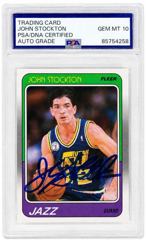 PSA Auto 10 John Stockton 1988 Fleer #115 Utah Jazz Rookie Card: PSA Auto 10 John Stockton 1988 Fleer #115 Utah Jazz Rookie Card Signed John Stockton 1988 Fleer rookie card #115 featuring the Utah Jazz. PSA authenticated and encapsulated, with the autograph receivi