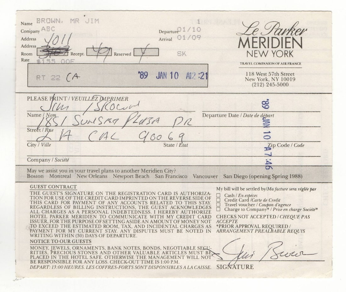 Autographed Jim Brown hotel receipt Cleveland Browns HOF JSA 1989 (1 of 3)