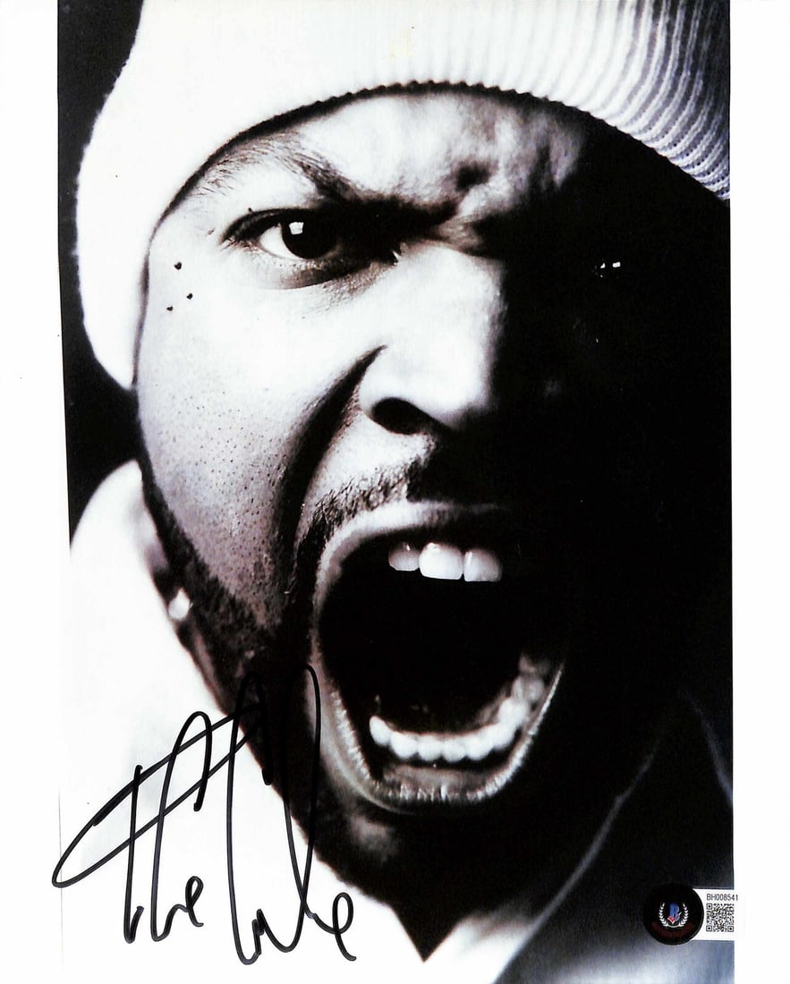 Ice Cube Autographed 8x10 B&W Photo Beckett Certified: Ice Cube Autographed 8x10 B&W Photo Beckett Certified This is an original 8x10 black and white photograph autographed by rapper and actor Ice Cube. The signature has been penned in black permanent mar