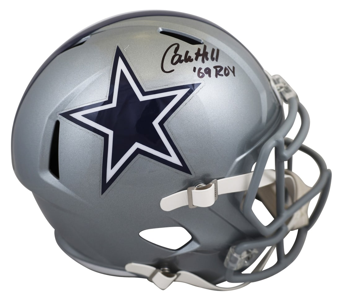 Calvin Hill Signed Dallas Cowboys Full Size Helmet ROY 1969 BAS Authenticated: Calvin Hill Signed Dallas Cowboys Full Size Helmet ROY 1969 BAS Authenticated This autographed Riddell Full Size Speed Replica Helmet features the signature of Calvin Hill, a prominent player for the 