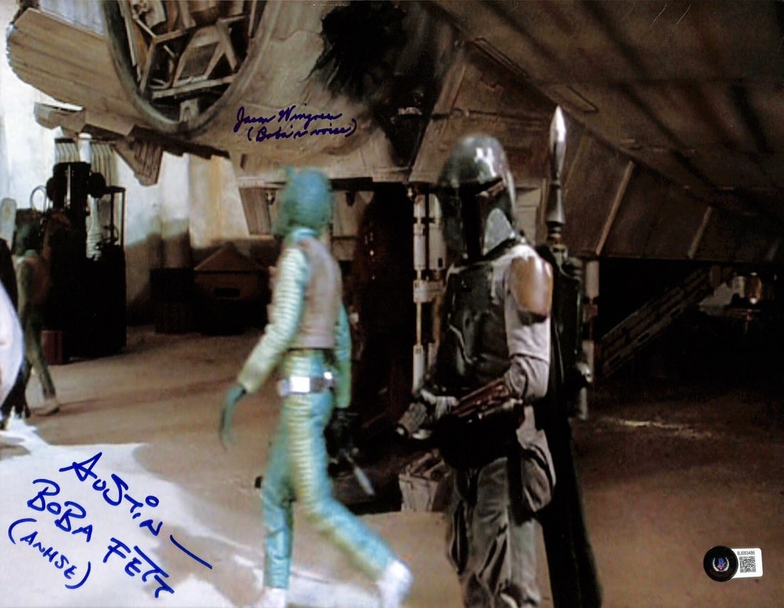 11x14 Star Wars Boba Fett Photo Signed by Mark Austin and Jason Wingreen Beckett Authenticated: 11x14 Star Wars Boba Fett Photo Signed by Mark Austin and Jason Wingreen Beckett Authenticated This original 11x14 photograph features the character Boba Fett from Star Wars and is signed in blue perm