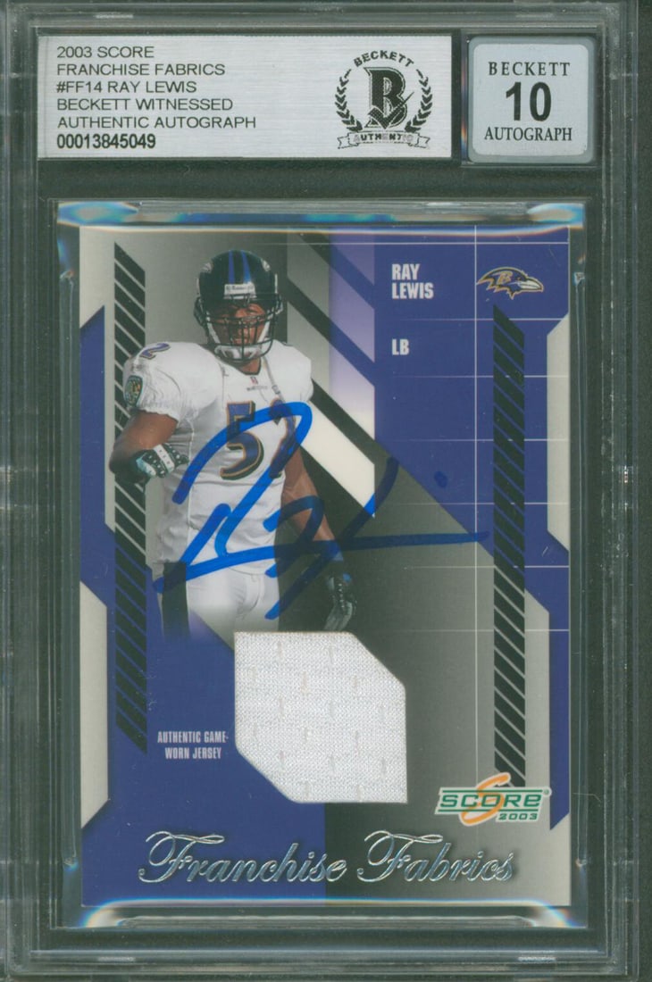 Ray Lewis Signed 2003 Score Franchise Fabrics #FF14 Card Gem Mint 10 Beckett: Ray Lewis Signed 2003 Score Franchise Fabrics #FF14 Card Gem Mint 10 Beckett This is a 2003 Score Franchise Fabrics #FF14 card, personally signed by NFL legend Ray Lewis of the Baltimore Ravens. The c
