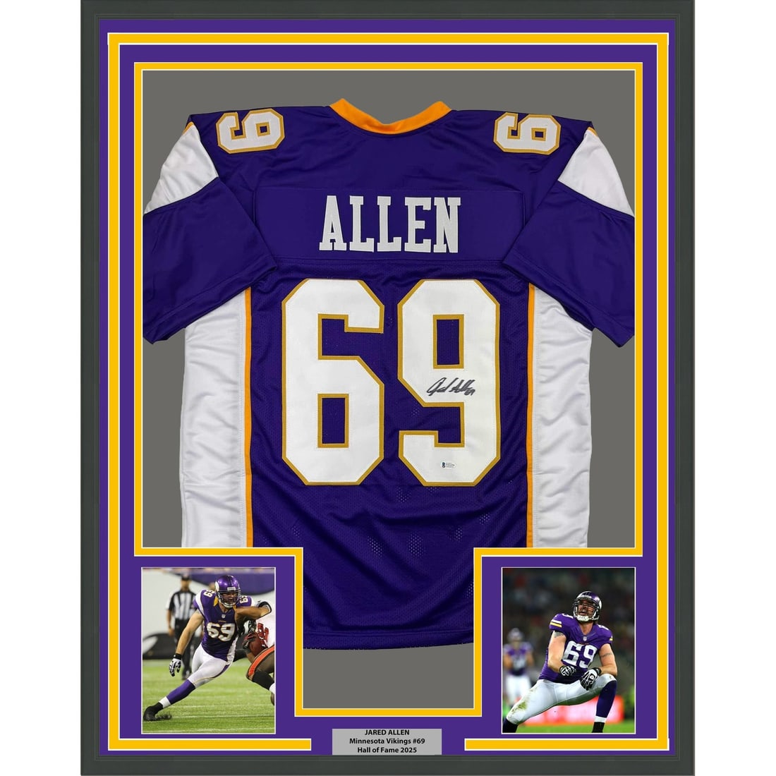 35x39 Framed Jared Allen Signed Minnesota Vikings Purple Jersey Beckett COA: 35x39 Framed Jared Allen Signed Minnesota Vikings Purple Jersey Beckett COA Professionally framed autographed Jared Allen Minnesota Vikings purple jersey, matted with two 5x7 photos and ready for disp