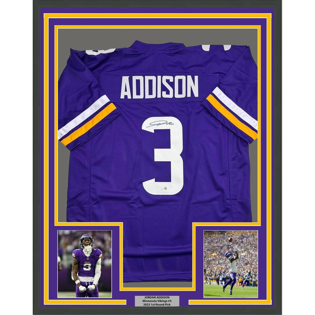 Jordan Addison autographed framed Vikings purple jersey JSA 35x39: Jordan Addison autographed framed Vikings purple jersey JSA 35x39 Professionally framed and matted Jordan Addison signed Minnesota Vikings purple jersey. This original autographed football collectible
