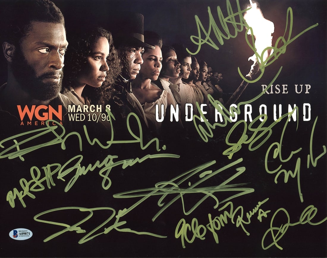 Authentic Underground 11X14 Signed Photo BAS A09871: Authentic Underground 11X14 Signed Photo BAS A09871 This authentic 11X14 photo features the signatures of Chris Melony, Aldis Hodge, Jurnee Smollett-Bell, Jessica De Gouw, Bokeem Woodbine, Alano Mille