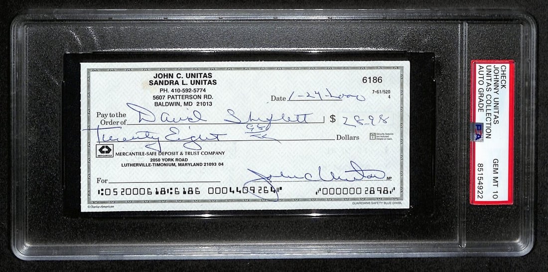 Johnny Unitas HOF Signed 2000 Bank Check Colts PSA/DNA GEM MT 10: Johnny Unitas HOF Signed 2000 Bank Check Colts PSA/DNA GEM MT 10 This is a rare Johnny Unitas Hall of Fame autographed 2000 bank check from the Baltimore Colts. The check is authenticated by PSA/DNA a