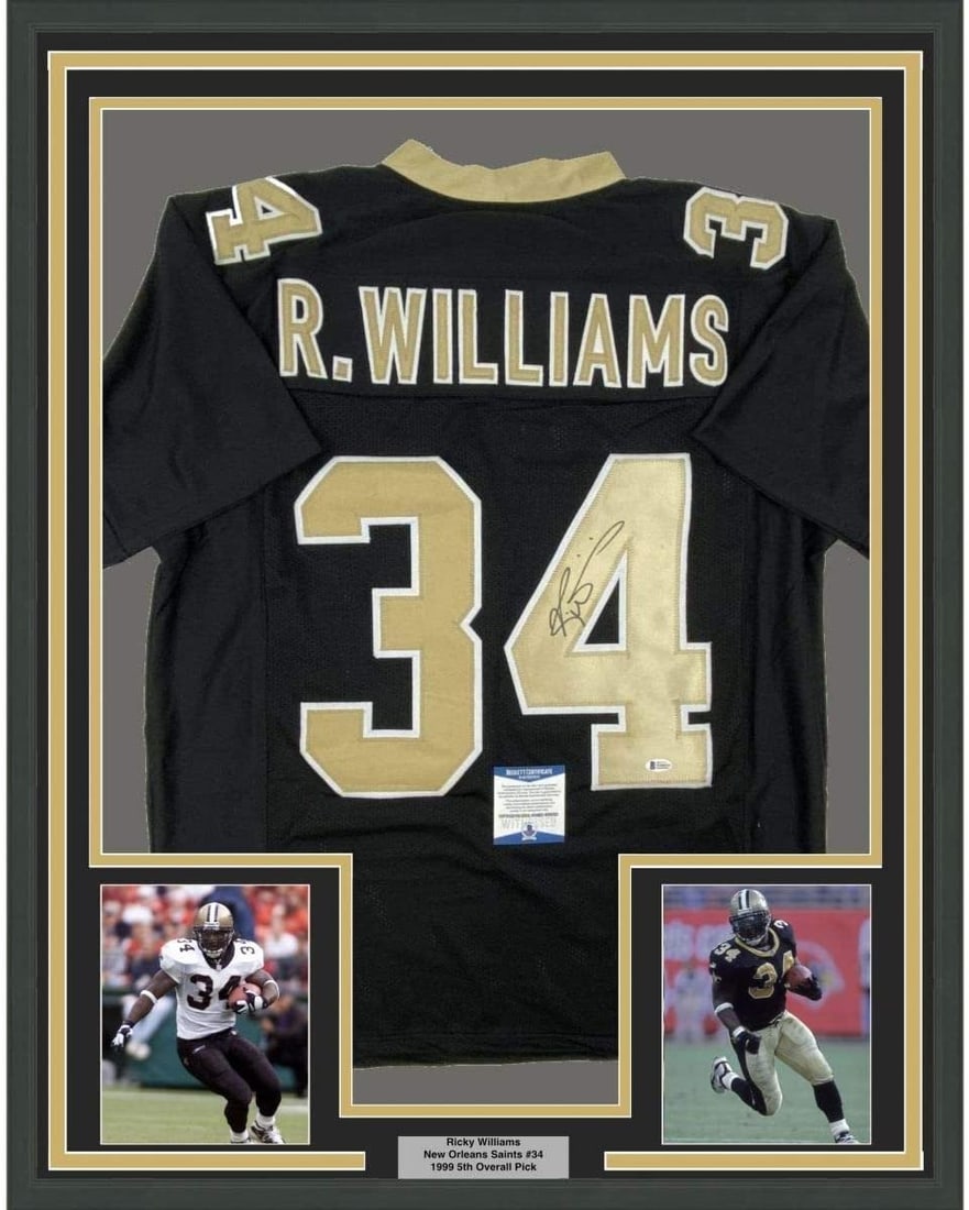 Framed Ricky Williams Signed New Orleans Saints Jersey Beckett COA: Framed Ricky Williams Signed New Orleans Saints Jersey Beckett COA Professionally framed and matted autographed Ricky Williams New Orleans Saints black jersey. This original football memorabilia displ