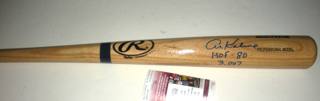 Al Kaline Autographed Big Stick Bat Detroit Tigers JSA COA: Al Kaline Autographed Big Stick Bat Detroit Tigers JSA COA This is an original Big Stick bat signed by Al Kaline, a Hall of Famer who played for the Detroit Tigers and achieved 3,007 career hits. The 