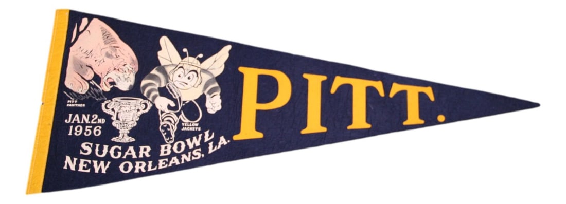 Rare 1956 Pitt Panthers Sugar Bowl 29 Inch Vintage Pennant: Rare 1956 Pitt Panthers Sugar Bowl 29 Inch Vintage Pennant This vintage 1956 Pitt Panthers Sugar Bowl pennant is a rare collectible for football enthusiasts and fans of the NCAA. Officially licensed, 