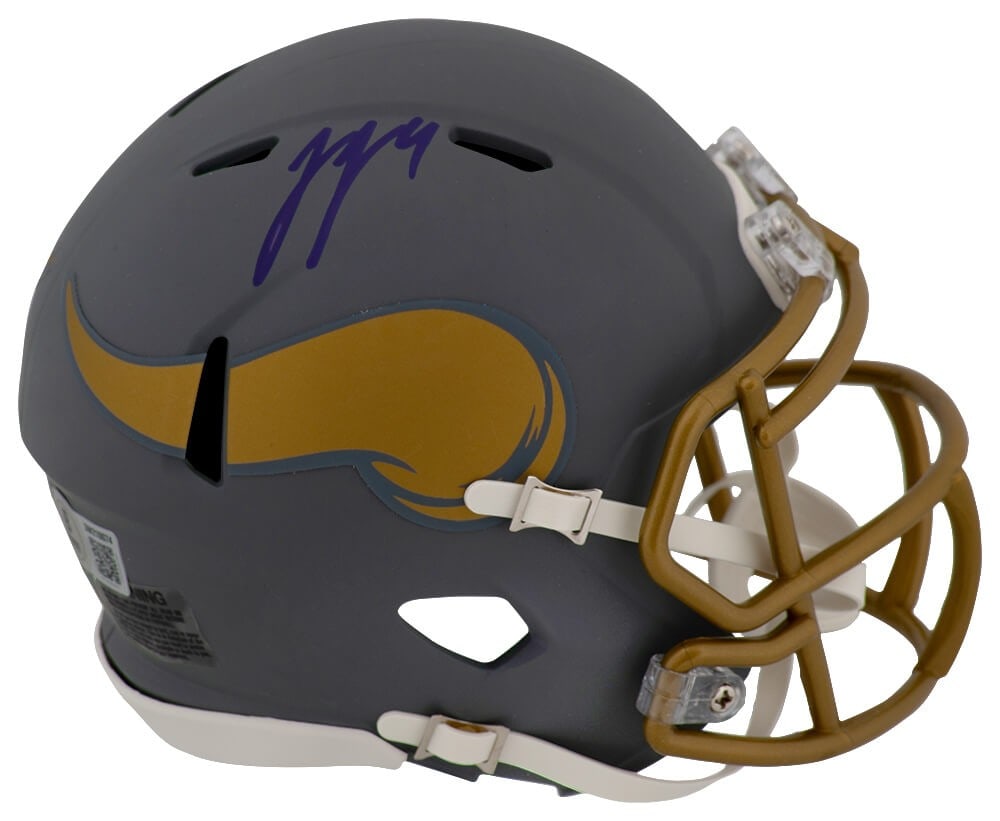 J.J. McCarthy Signed Vikings Riddell Mini Helmet with Beckett COA: J.J. McCarthy Signed Vikings Riddell Mini Helmet with Beckett COA This is a J.J. McCarthy signed Minnesota Vikings Slate Riddell Speed mini helmet, ideal for any football memorabilia collector. The it