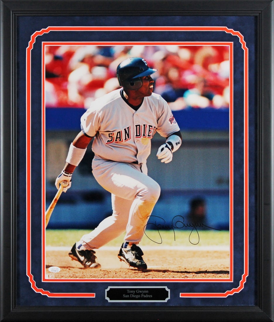 Framed 16x20 Vertical Photo Signed by Tony Gwynn Padres JSA CC77846: Framed 16x20 Vertical Photo Signed by Tony Gwynn Padres JSA CC77846 Authentic signed vertical framed photo featuring Tony Gwynn of the San Diego Padres. This original 16x20 photo has been personally s