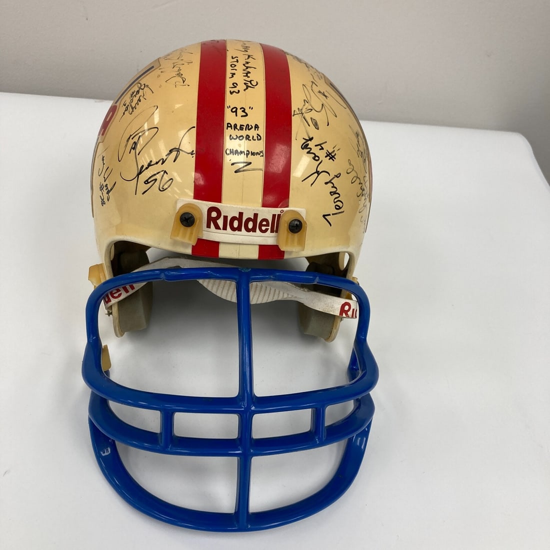 1993 Tampa Bay Storm Signed Arena Football Champions Helmet 22 Signatures: 1993 Tampa Bay Storm Signed Arena Football Champions Helmet 22 Signatures This is a full-size game model helmet from the 1993 Tampa Bay Storm Arena Football World Champions, featuring an impressive co