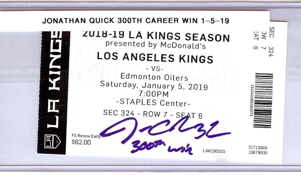 Jonathan Quick Autographed Ticket Stub Kings 300th Win JSA Certified: Jonathan Quick Autographed Ticket Stub Kings 300th Win JSA Certified Celebrate a significant milestone with this authentic Jonathan Quick autographed ticket stub, commemorating his 300th win with the 
