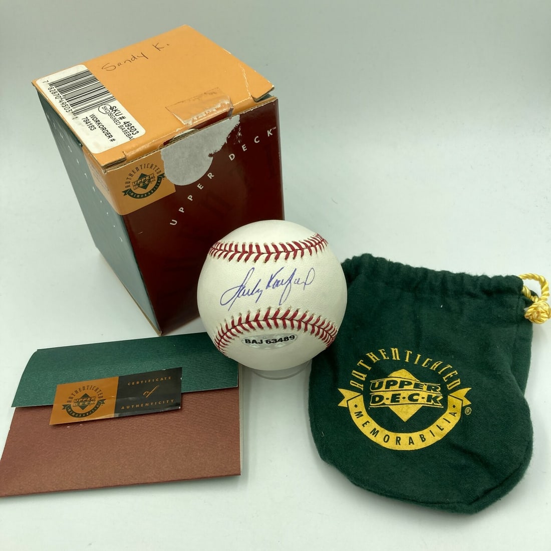 Sandy Koufax Signed MLB Baseball with Upper Deck COA: Sandy Koufax Signed MLB Baseball with Upper Deck COA This is an Official Major League Baseball signed by the legendary Sandy Koufax, a prominent player for the Los Angeles Dodgers. The ball comes with