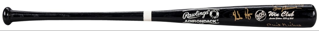 Eight Hall of Famers Autographed 300 Win Club Bat With Beckett Certificate: Eight Hall of Famers Autographed 300 Win Club Bat With Beckett Certificate This black Rawlings Adirondack baseball bat commemorates the 300 Win Club and features gold marker signatures from eight lege