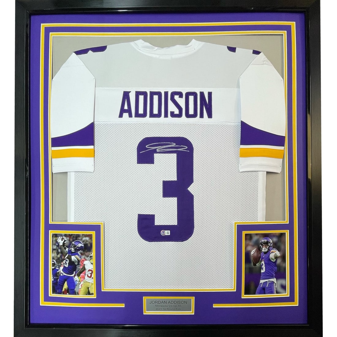 Jordan Addison signed framed Minnesota Vikings white jersey Beckett COA: Jordan Addison signed framed Minnesota Vikings white jersey Beckett COA Professionally framed and matted autographed Jordan Addison white Minnesota Vikings jersey. This original football collectible i