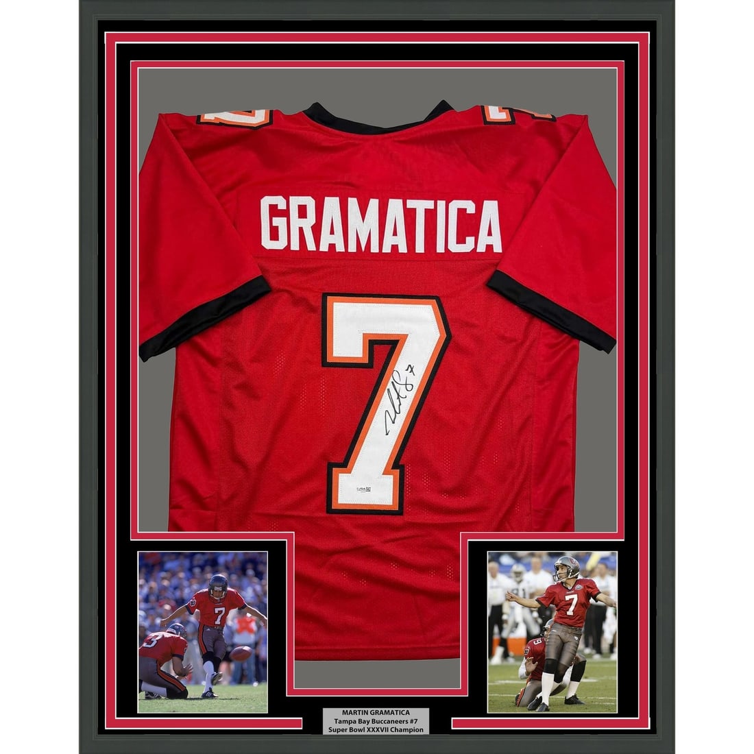 Martin Gramatica Signed Buccaneers Framed Red Football Jersey 35x39 JSA COA (1 of 2)
