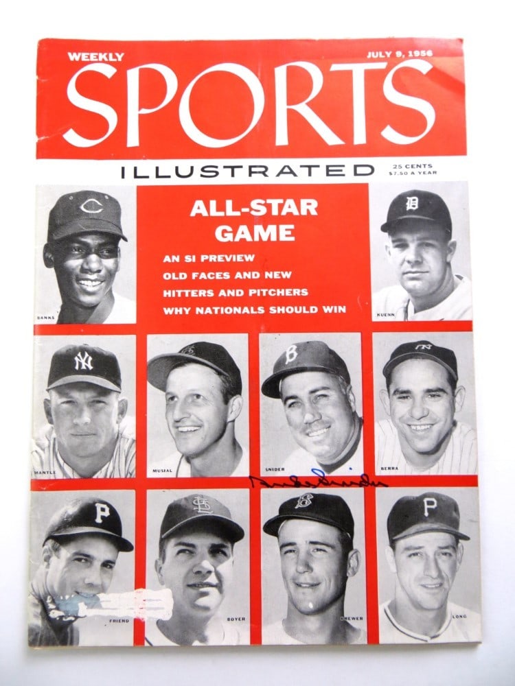 Duke Snider Autographed Sports Illustrated 1956 Dodgers JSA Certified: Duke Snider Autographed Sports Illustrated 1956 Dodgers JSA Certified This original 1956 Sports Illustrated magazine is autographed by Duke Snider, a legendary player of the Los Angeles Dodgers. The m