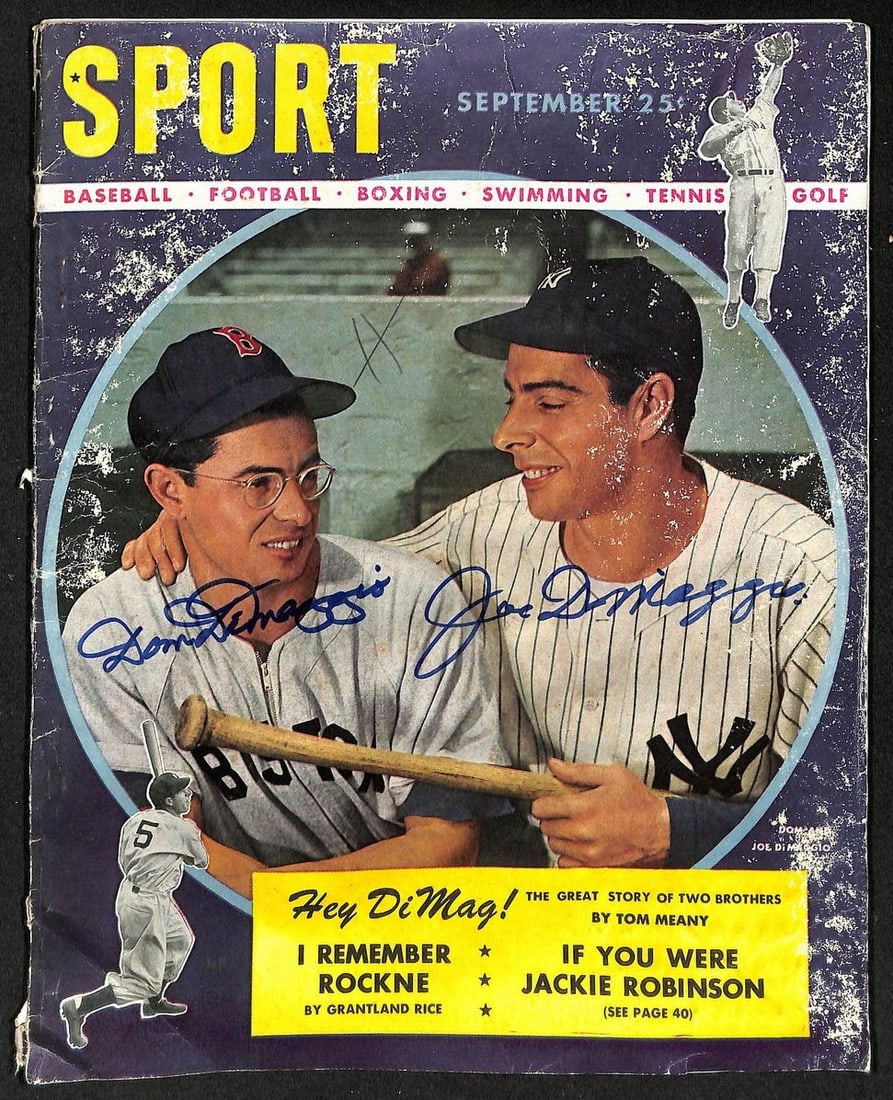 1947 Sport Magazine Signed by Joe and Dom DiMaggio with PSA DNA Authentication: 1947 Sport Magazine Signed by Joe and Dom DiMaggio with PSA DNA Authentication This is an original 1947 Sport Magazine featuring autographs from both Joe DiMaggio and Dom DiMaggio. The magazine is com
