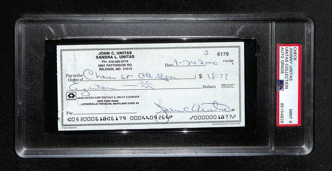 Johnny Unitas HOF Signed 2000 Bank Check Colts PSA/DNA MINT 9: Johnny Unitas HOF Signed 2000 Bank Check Colts PSA/DNA MINT 9 Offered is an original Johnny Unitas Hall of Fame signed/autographed 2000 bank check from the Baltimore Colts. This collectible piece is a