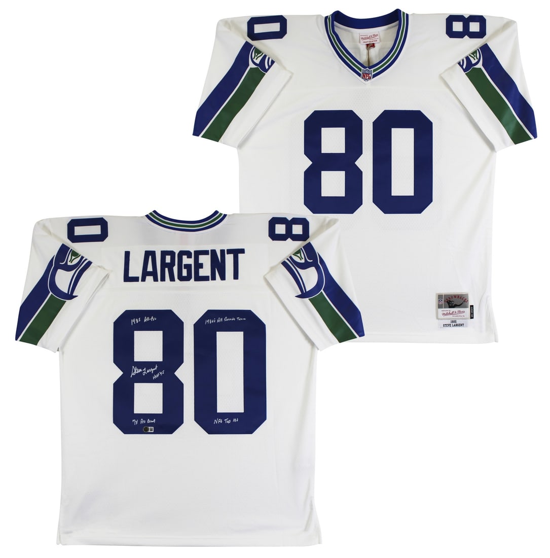 Steve Largent Signed Seahawks White TB Jersey with BAS Authentication: Steve Largent Signed Seahawks White TB Jersey with BAS Authentication This original Seattle Seahawks white Mitchell & Ness throwback jersey is personally signed by NFL legend Steve Largent. The jersey