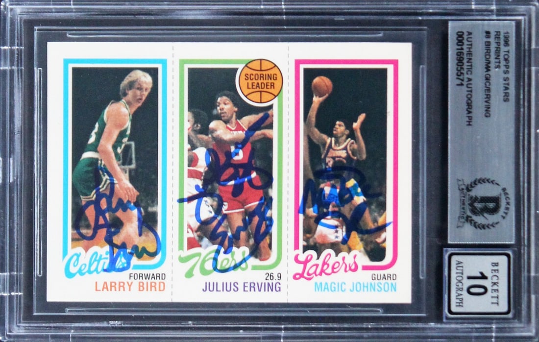 Reprint 1996 Topps Stars #8 Card Signed by Magic Johnson Larry Bird Julius Erving Beckett 10: Reprint 1996 Topps Stars #8 Card Signed by Magic Johnson Larry Bird Julius Erving Beckett 10 This 1996 Topps Stars Reprints #8 basketball card features the autographs of Magic Johnson, Larry Bird, and