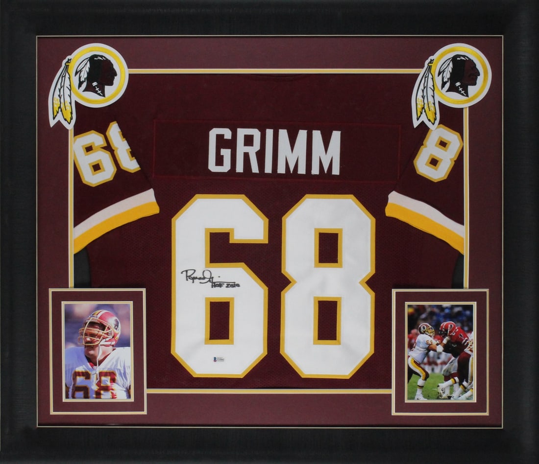 Framed Russ Grimm Signed Maroon Jersey With HOF 2010 Inscription BAS Witnessed: Framed Russ Grimm Signed Maroon Jersey With HOF 2010 Inscription BAS Witnessed This maroon pro style framed jersey is personally signed by Russ Grimm with the inscription "HOF 2010." The jersey repres