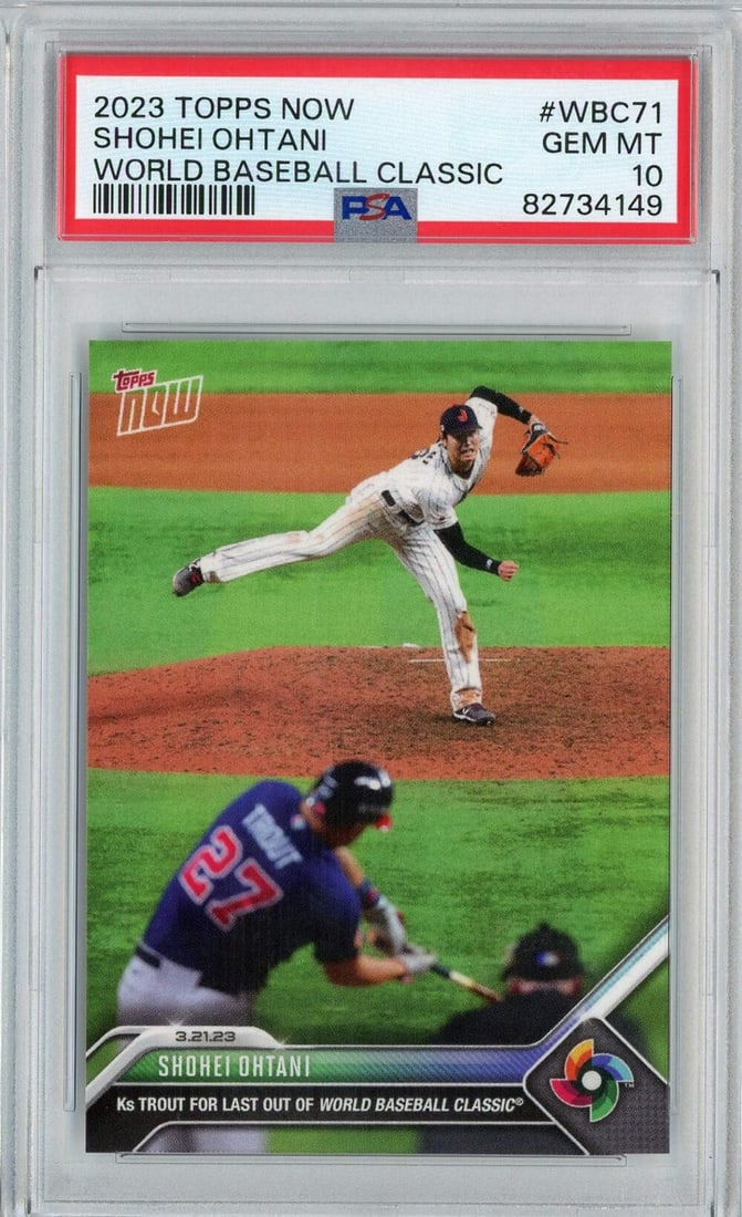 PSA 10 Shohei Ohtani 2023 Topps Now WBC71 Baseball Card: PSA 10 Shohei Ohtani 2023 Topps Now WBC71 Baseball Card Graded 2023 Topps Now #WBC71 card featuring Shohei Ohtani from the World Baseball Classic. This original trading card is encapsulated and graded