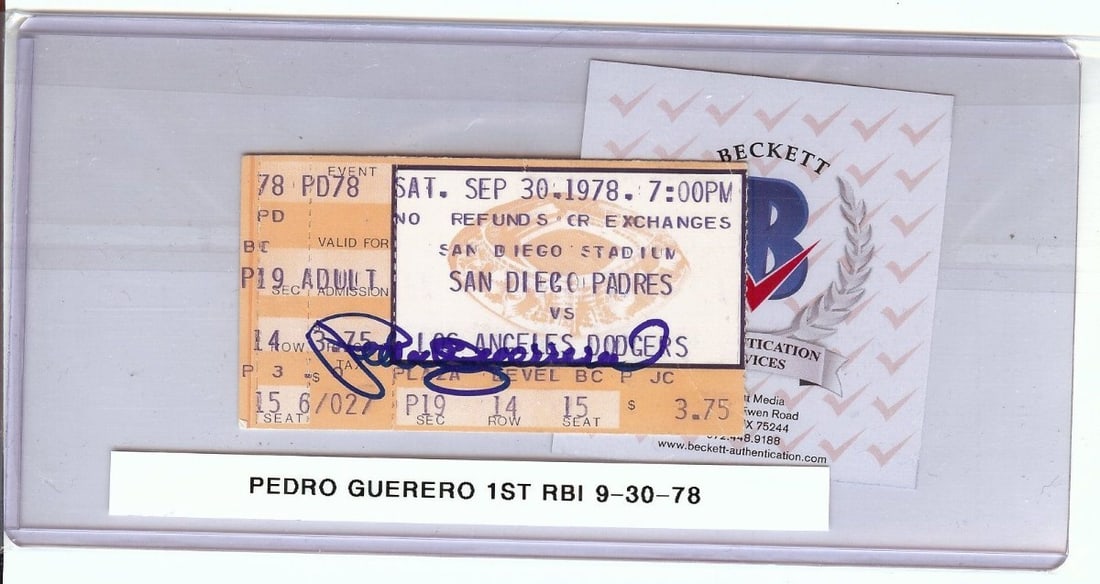 Pedro Guerrero Autographed Ticket Stub Dodgers 1st RBI 9/30/78 Beckett Authenticated: Pedro Guerrero Autographed Ticket Stub Dodgers 1st RBI 9/30/78 Beckett Authenticated This is an original ticket stub from a game featuring Pedro Guerrero, who is known for his significant contribution