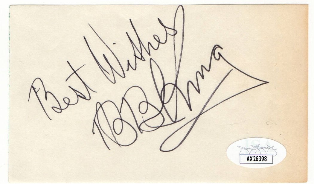 B.B. King Autographed Cut Signature 3 x 5 JSA Certified: B.B. King Autographed Cut Signature 3 x 5 JSA Certified This is an authentic cut signature of B.B. King, the legendary blues rock icon. The signature is presented on a 3 x 5 inch piece of paper and is