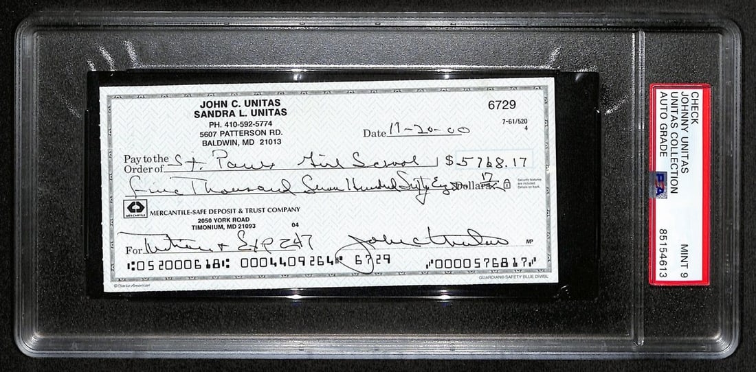Johnny Unitas Signed Check 11/20/00 PSA/DNA MINT 9 Baltimore Colts: Johnny Unitas Signed Check 11/20/00 PSA/DNA MINT 9 Baltimore Colts This offering features a Johnny Unitas signed cancelled check dated November 20, 2000, from his time with the Baltimore Colts. The ch