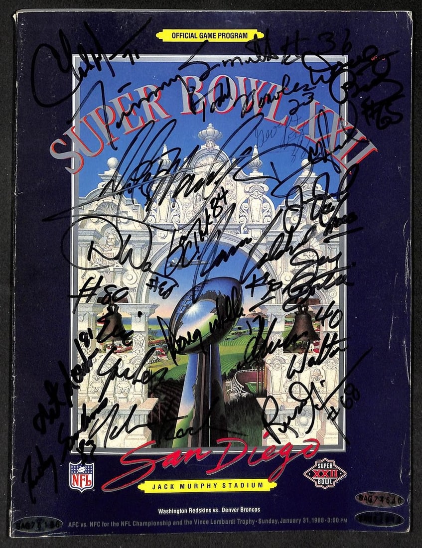 Washington Redskins Super Bowl XXII Program with 18 Signatures Art Monk HOF: Washington Redskins Super Bowl XXII Program with 18 Signatures Art Monk HOF Original Super Bowl XXII program signed by 18 Washington Redskins players. The title highlights Art Monk and Hall of Fame no