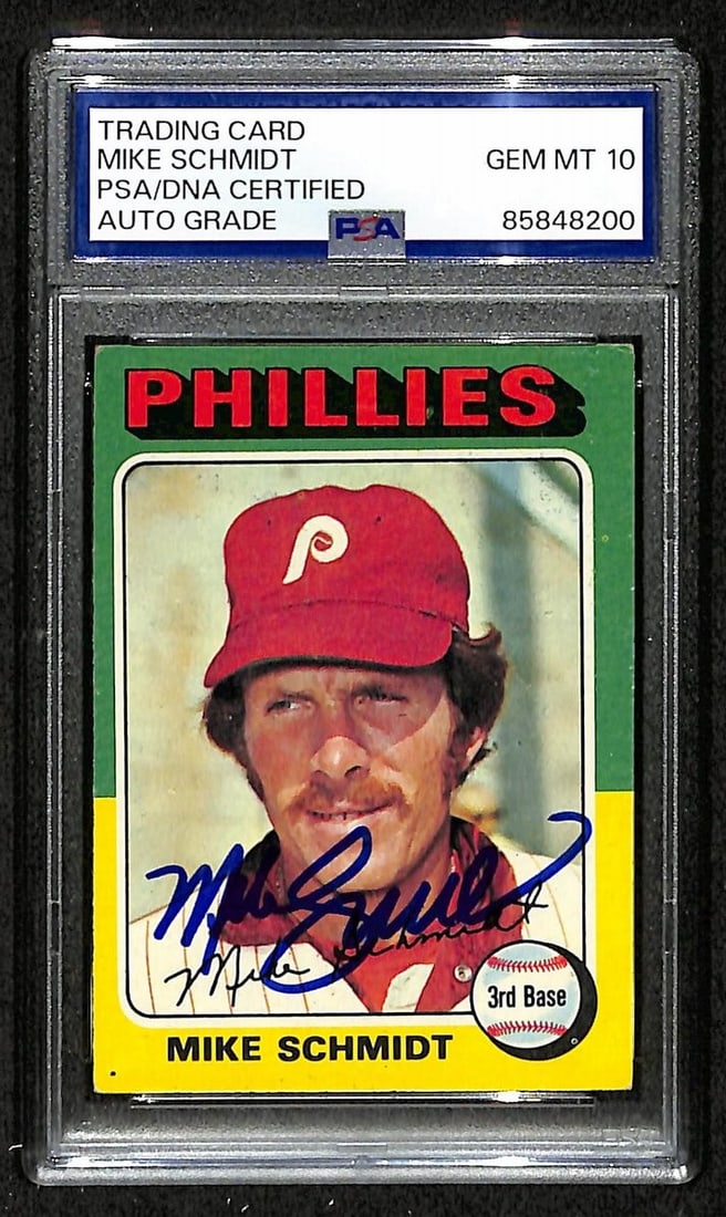Mike Schmidt 1975 Topps #70 Phillies HOF PSA DNA Auto GEM 10: Mike Schmidt 1975 Topps #70 Phillies HOF PSA DNA Auto GEM 10 This is an original 1975 Topps baseball card featuring Mike Schmidt of the Philadelphia Phillies. The card is signed and has been authentic