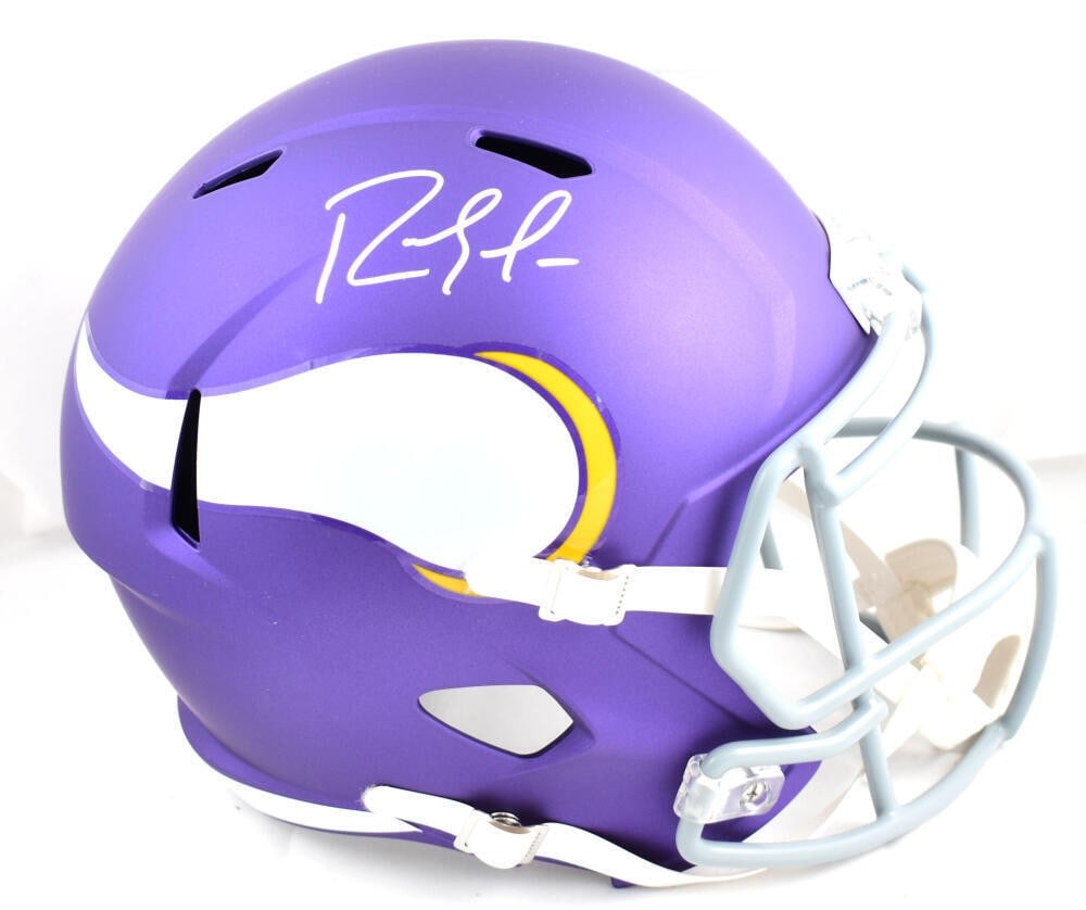 Randy Moss signed Minnesota Vikings full size Speed helmet Beckett silver auto: Randy Moss signed Minnesota Vikings full size Speed helmet Beckett silver auto Autographed Minnesota Vikings full-size tribute speed helmet signed by Randy Moss. The helmet is marked as original, with